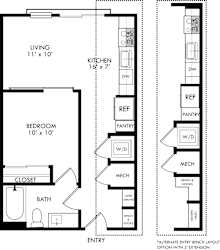 A floor plan of a small apartment with a living room, kitchen, bedroom, bathroom, closet, pantry, and a mech.