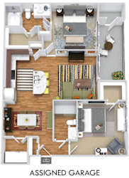 The Sage with Assigned Garage 3D. 2 bedroom apartment. Kitchen with island open to living/dinning rooms. 2 full bathrooms, shower stall in master. Walk-in closets. Patio/balcony.