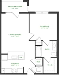 1 bedroom floorplan with kitchen with peninsula island overlooking living/dining area. bedroom with private bath into w.i.c. balcony/patio. full size w/d.