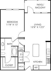 A floor plan of a small apartment with a bedroom, bathroom, kitchen, and living room.