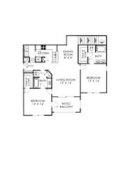 A floor plan of a home with a living room, dining room, kitchen, and three bedrooms.