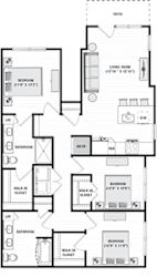 3 bedroom 1st floor apartment. patio entrance opens into living room area. kitchen with peninsula island overlooks living area. front bedroom is master with private bath with dual sink vanity, standalone shower and walk-in closet. hallway off of kitchen leads to full size washer/dryer closet. and  2 other bedrooms with walk-in closets. 2nd shared bath with linen closet.