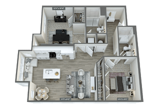 A 3D floor plan of an apartment layout.