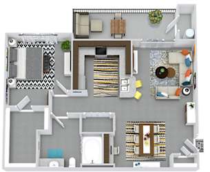 3D McKinney 1 bedroom apartment. Kitchen with bartop open to living room and dining room . 1 full bath with vanity. large walk-in closet. patio/balcony.