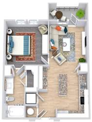 a floor plan that includes a bedroom with an attached bathroom and walk in closet, a kitchen with an island, a living area, and an outdoor patio/balcony space