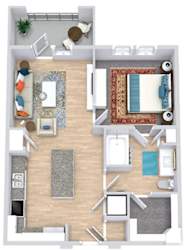 a floor plan that includes a bedroom with an attached bathroom and walk in closet, a kitchen with an island, a living area, and an outdoor patio/balcony space