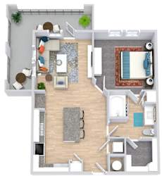 a floor plan that includes a bedroom with an attached bathroom and walk in closet, a kitchen with an island that has barstool seating, a living area, and an outdoor patio/balcony space