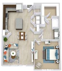 3d 1 bedroom floorplan with L-shaped Kitchen and Island. Pantry, Living/Dining Area, Bedroom and bathroom with Bath/Shower and Walk-in Closet