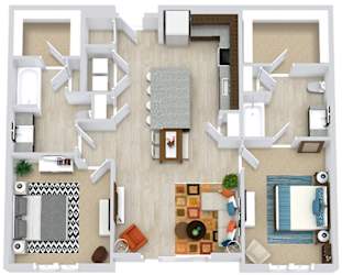 2 bedroom 2 bath floorplan with l-shaped kitchen and island. wld closet, dining area and living area. large walk-in closets. Fenced-in Yard
