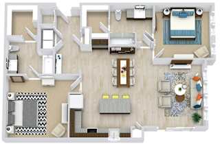 3d 2 Bedroom 2 bath floorplan with L-shaped kitchen, pantry, w/d. one bathroom has a tub/shower while the other is a standalone shower. Walk-in closets.
