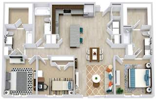 3 Bedroom 3 bath floorplan with L-shaped kitchen, pantry, w/d. two bathrooms have a tub/shower while the other is a standalone shower. Walk-in closets.  optional 2' extended bedrooms