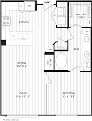 A black and white image of a floor plan for a home with labeled rooms such as kitchen, living room, and bathroom.