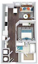 Studio, 1 bath floorplan. Entry nook with hooks. hallway leading to built-in desk, Pantry and Kitchen. Open to Living/dining area. Sliding door entry to bedroom with partial height wall. Large Closet.