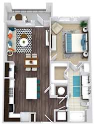 1 bedroom, 1 bath floorplan. L-shaped kitchen. entry nook. built in desk in kitchen. open to living/dining. double sink vanity. stackable w/d. balcony.
