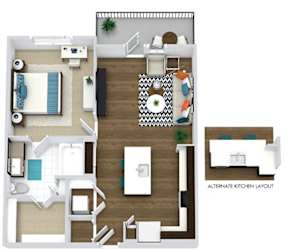 Aikman 1 BEDROOM 1 BATH apartment with Kitchen and Kitchen island, alternate peninsula island layout available. Wine Rack. Pantry. Open to living-dining. in-unit laundry. walk-in closet. Balcony.