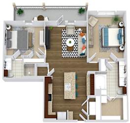 The Allen. 2 bedroom apartment. Kitchen with island open to living/dinning room. 2 full bathrooms, double vanity in master, shower stall in guest. Walk-in closet. Patio/balcony.