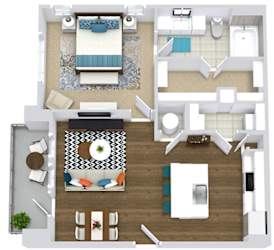 The Bryant. 1 bedroom apartment. Kitchen with bartop open to living/dinning room. 1 full bathroom. Walk-in closet. Patio/balcony.