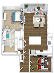 The Lilly + study. 1 bedroom apartment with study room. Kitchen with bartop open to living/dinning rooms. 1 full bathroom double vanity. Walk-in closet. Patio/balcony.