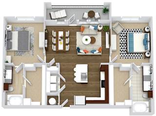 The Renfro. 2 bedroom apartment. Kitchen with island open to living/dinning room. 2 full bathrooms, double vanity in master. Walk-in closets. Patio/balcony.