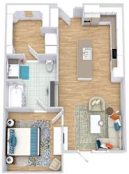 a floor plan with a bedroom, bathroom, kitchen with an island, and living area