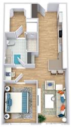 a floor plan of with a bedroom, bathroom, kitchen with an "L" shaped counter with seating, and living area