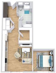 a floor plan with a bed, bathroom, kitchen, and a living area