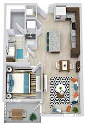 The Laurel 3D. 1 bedroom apartment. Kitchen with island open to living room. full bathroom. Walk-in closet. Patio/balcony.