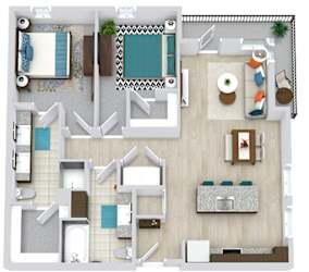 3 bedroom 2 bath floorplan. kitchen with island sink/dw. living/dining area. full size w/d. double sink vanity and standalone shower in the primary bath. walk-in closets.