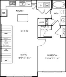 The Vaughan. 1 bedroom apartment. 1st floor entry. Kitchen with island open to living/dinning rooms. 1 full bathroom. Walk-in closet.