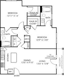 A floor plan of a home with two bedrooms, a living room, a dining room, a kitchen, a bathroom, a walk-in closet, and an entry.