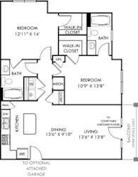 A floor plan of a house with two bedrooms, a kitchen, a dining area, and a bathroom.