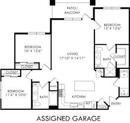 A floor plan of an Assigned Garage with three bedrooms, a living room, a kitchen, and a bathroom.