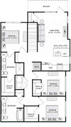 3 bedroom 2nd floor apartment. stairwell entrance opens into kitchen with peninsula island overlooks living area. front bedroom is master with private bath with dual sink vanity, standalone shower and walk-in closet. hallway off of kitchen leads to full size washer/dryer closet. and  2 other bedrooms with walk-in closets. 2nd shared bath with linen closet. Large balcony off of living room