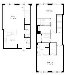 A floor plan of a house with two bedrooms, a living room, a kitchen, and two bathrooms.
