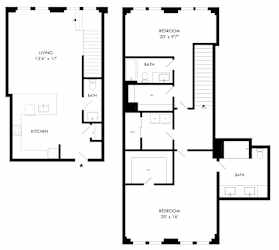 A floor plan of a house with two bedrooms, a living room, a kitchen, and two bathrooms.