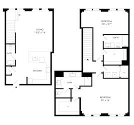 A floor plan of a house with two bedrooms, a living room, a kitchen, and two bathrooms.