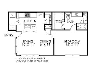 A floor plan of an apartment with a living room, dining room, kitchen, and bedroom.