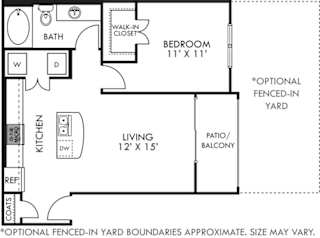 A floor plan of a small apartment with a living area, bedroom, and kitchen.