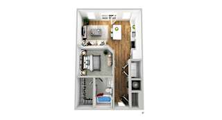 the abbott studio apartment with 1 bath. Entrance hallway with access to closet and full size laundry closet. hallway opens up to kitchen and living areas. sliding door in hallway leads to bedroom with walk-in closet and bathroom access. transom opening in bedroom allows for ample lighting.