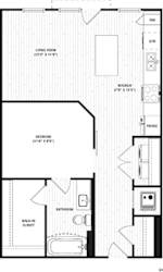 the abbott studio apartment with 1 bath. Entrance hallway with access to closet and full size laundry closet. hallway opens up to kitchen and living areas. sliding door in hallway leads to bedroom with walk-in closet and bathroom access. transom opening in bedroom allows for ample lighting.