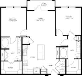 A black and white image of a floor plan for a house with two bedrooms, a living room, a kitchen, a bathroom, a pantry, a closet, and a patio/balcony.