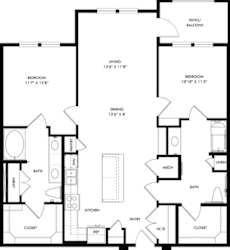 A black and white floor plan of a house with two bedrooms, a living area, a kitchen, a dining area, bathrooms, and closets.
