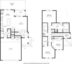 A floor plan of a house with two bedrooms, a living room, a kitchen, a bathroom, a dining area, a pantry, a cloakroom, and a garage.