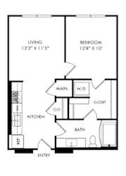 A black and white image of a floor plan for a small apartment.