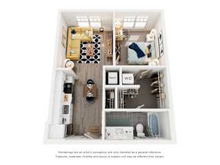 A top-down view of a small apartment with a kitchen, living room, and bathroom.