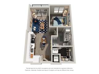A floor plan of a small apartment with a kitchen, living room, and bedroom.