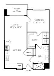 A black and white floor plan of a home with a living area, kitchen, bathroom, and bedroom.
