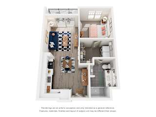 A floor plan of a small apartment with a kitchen, living room, and bathroom.