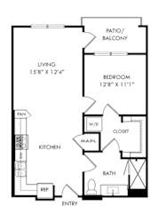A black and white image of a floor plan for a small apartment.
