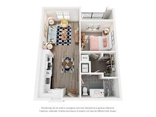 A floor plan of a small apartment with a kitchen, living room, and bathroom.